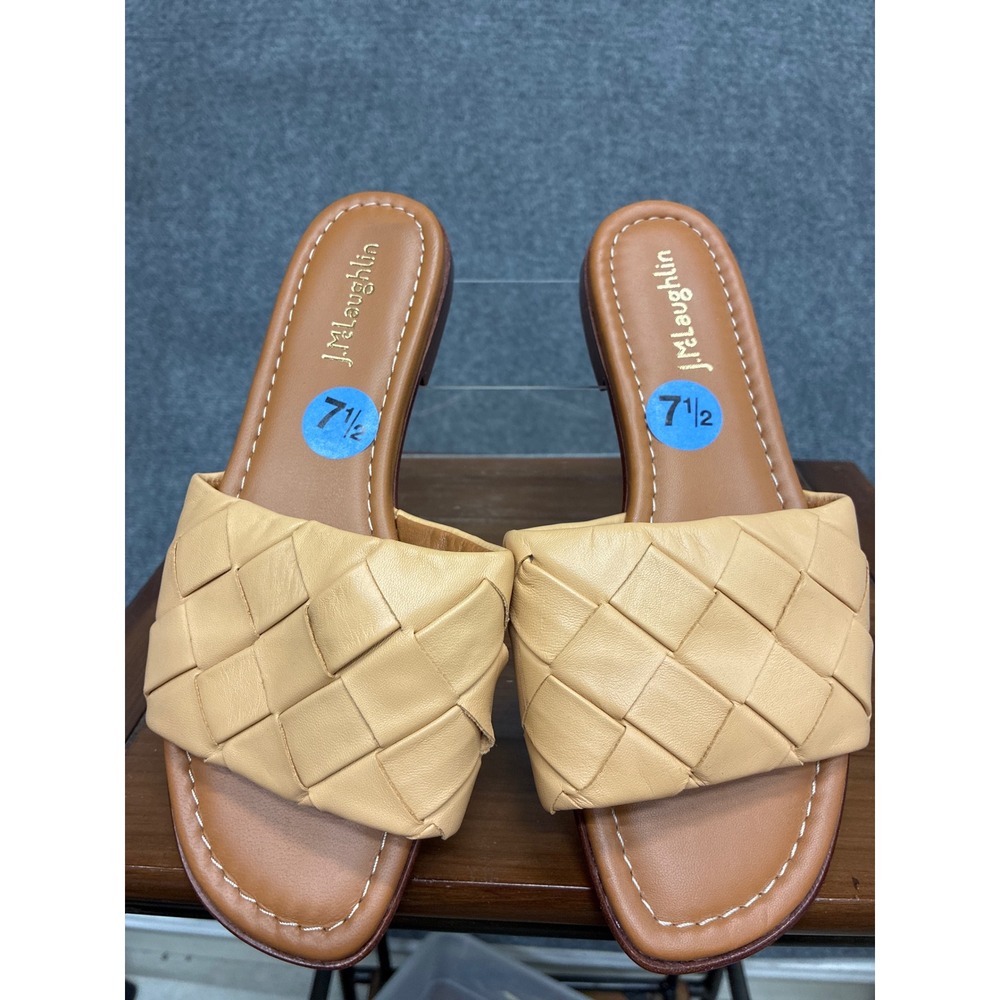 J.McLaughlin Woven Leather Slide Sandals Tan Beige Flat Square Toe  7.5 NWT